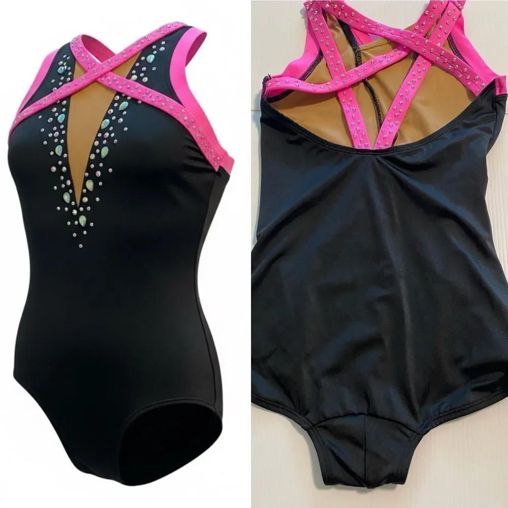 The Line up dance costume black hot pink strappy leotard rhinestone SA adult